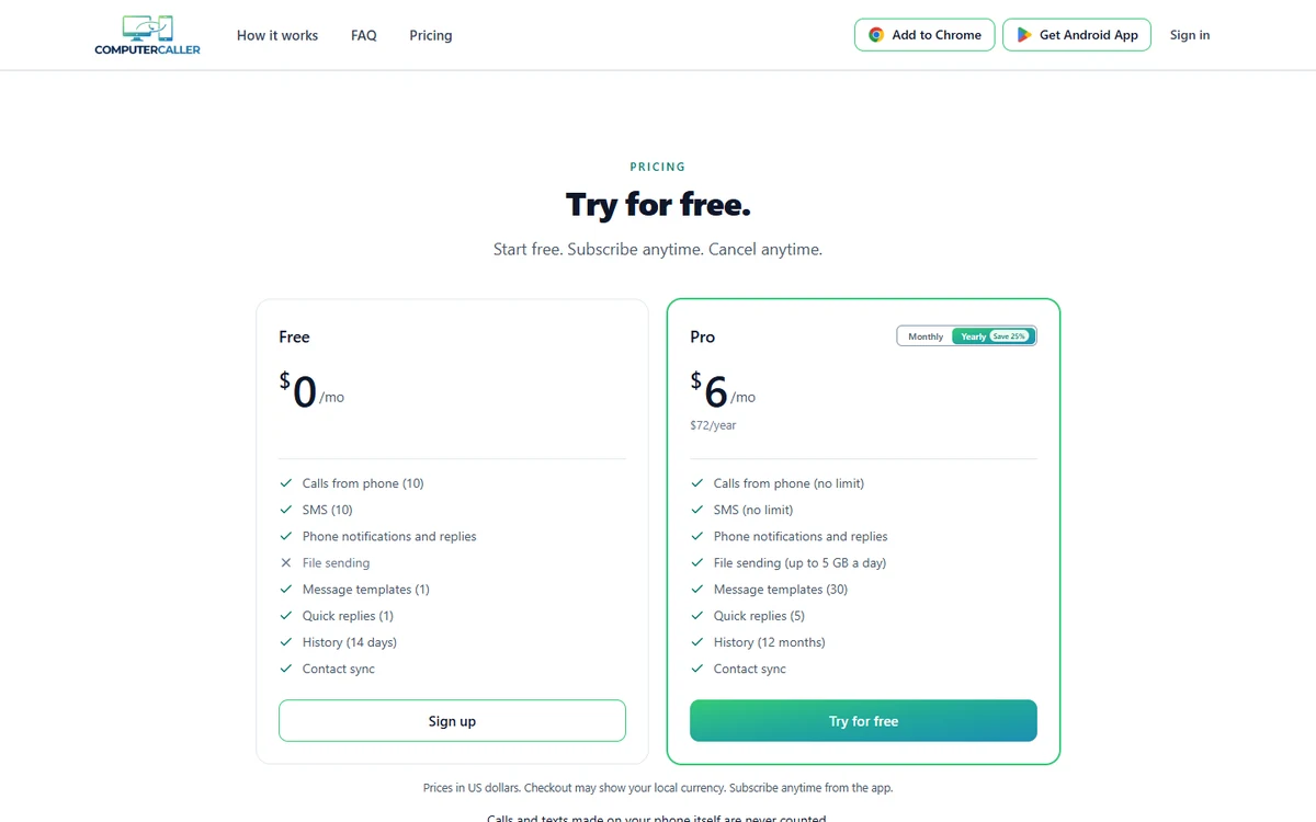 Skjermbilde av computercaller.com/pricing: ComputerCallers priser: en gratisplan med ti samtaler og ti SMS i måneden, eller Pro med ubegrenset bruk for 6 dollar i måneden.